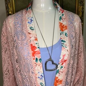 POL Pink Lace Duster with Floral Trim Oversized‎ Small